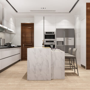 3d rendering white minimal kitchen with wood decoration