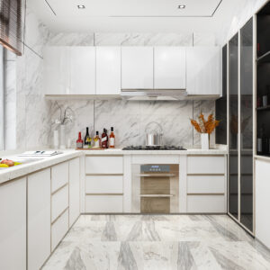 3d rendering white minimal kitchen with wood decoration