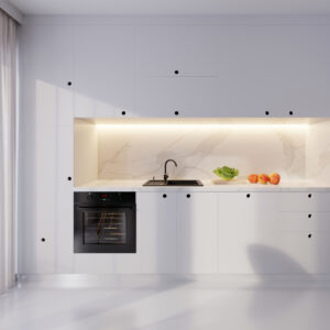 Modern white kitchen countertop with free space for mockup, 3D rendering